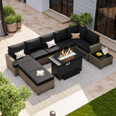 10-Piece PE Special Wicker Modular Patio Conversation Set With 4" Cushions & Fire Pit Table
