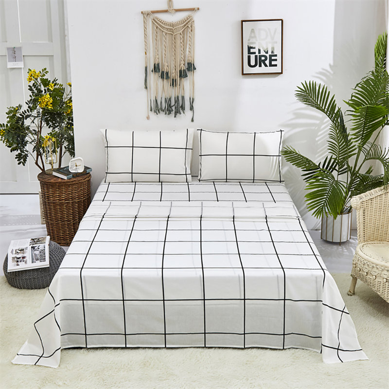 Grid Sheet Set 4 PCs Bedding Sheet Set 1 Fitted Sheet 1 Flat Sheet 2 Pillowcases, White Checkered