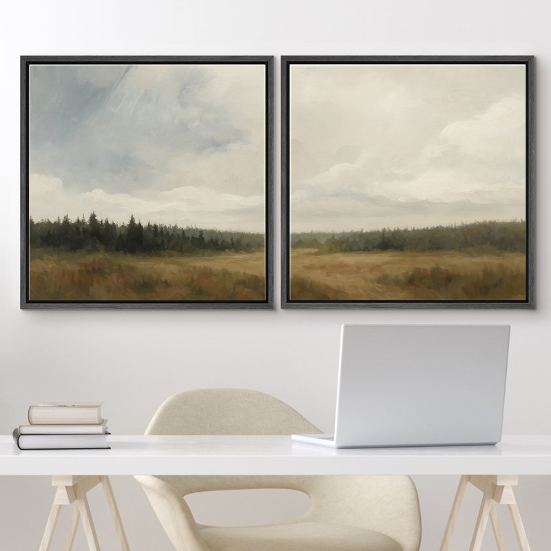 "Misty Forest Meadow Horizon Landscape", ensemble de 2 reproductions d'art encadrées, H 16 po x l 16 po, Cadre flottant noir