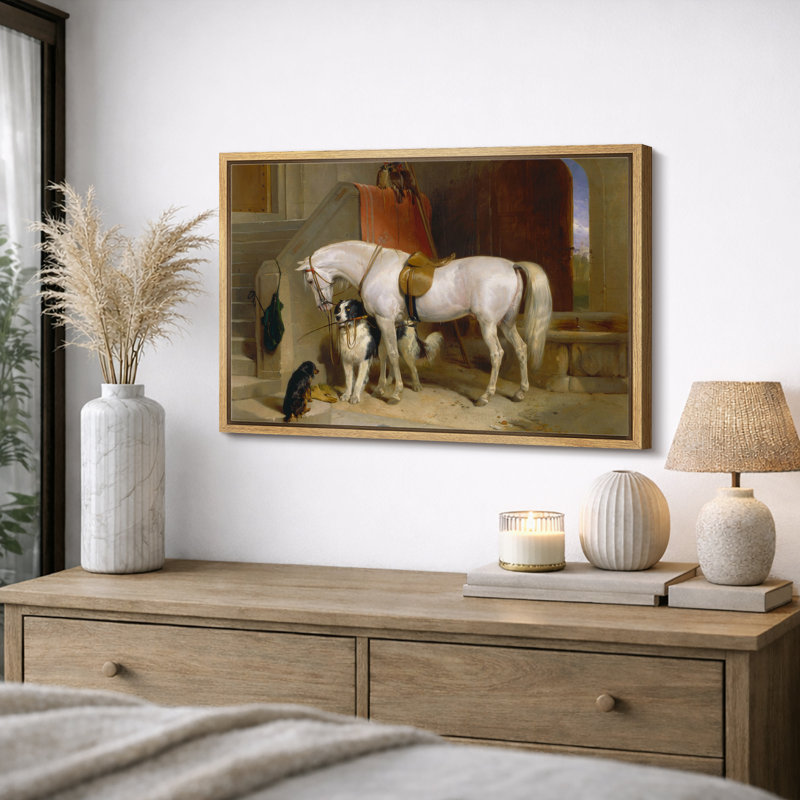 Illustration de cheval blanc et de chiens blancs, photos de l'entrée rustique, impression sur toile encadrée.