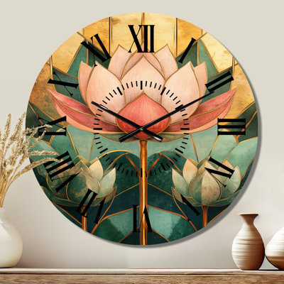 Lotus Fountain in Gilded Form - Green Art Deco Oversized Metal Wall Clock