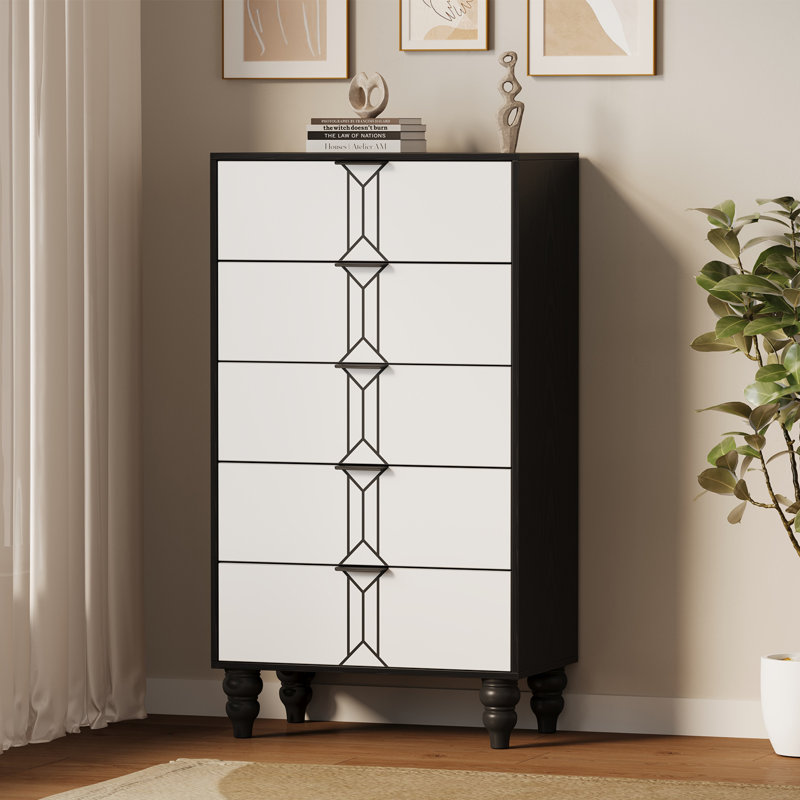 Commode haute 5 tiroirs en bois, Blanc
