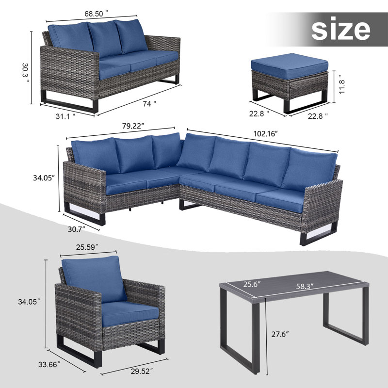 Ingvald Wicker 11 - Person Patio Conversation Set with Cushions, Blue