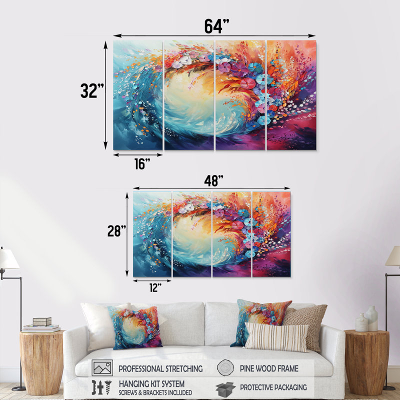 «Blue Rainbow Dram Op Art Fragments III» - et art mural - Art mural moderne, 4, H 32 po x l 64 po