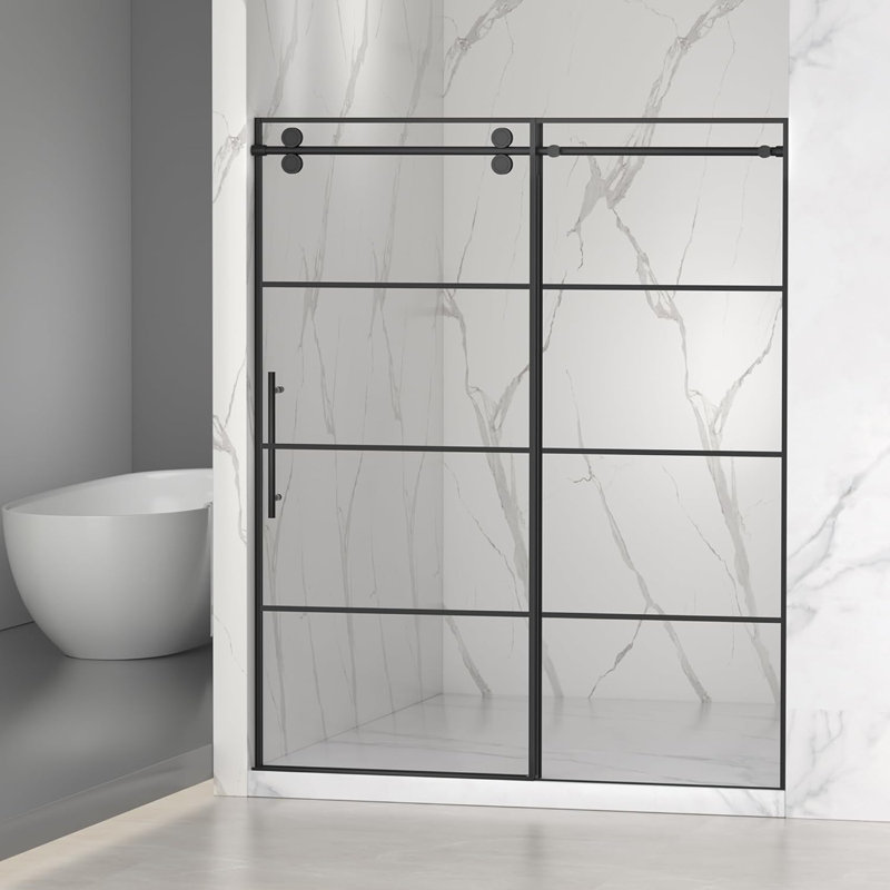 56-60" W X 72" H,frameless Double Sliding Shower Door,matte Black Grid Frameless Sliding Glass Shower Door, With 5/16" (8mm) Clear Sgcc Tempered Glass For Walk-in Shower,bypasss Bathroom Shower Enclosure,,easy To Clean,matte Black Stainless Steel Handles
