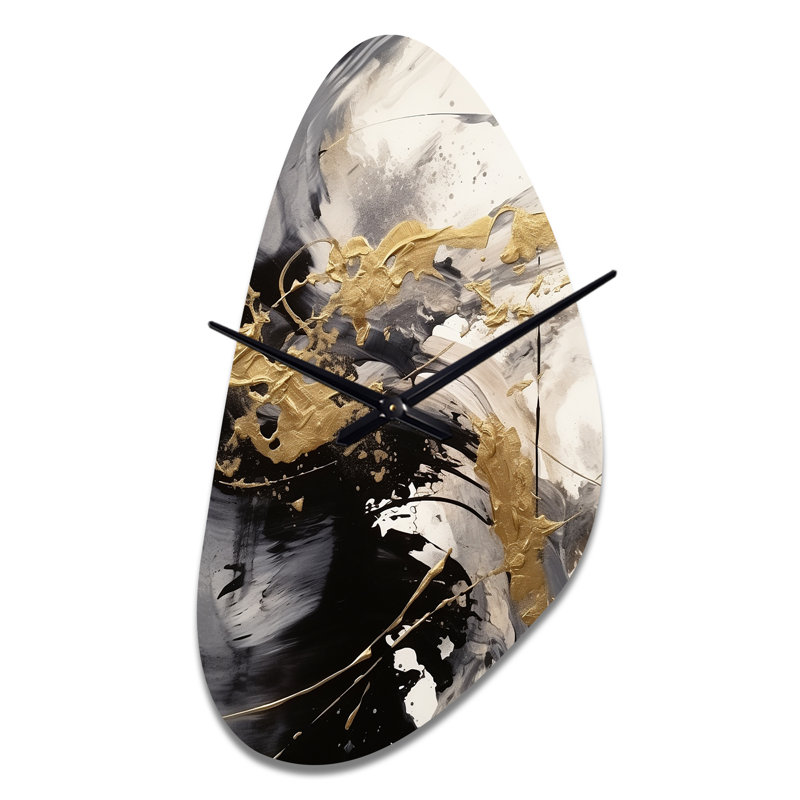 Or et gris Flusion Fusion IV - horloge asymétrique abstraite en métal, impression d'horloge murale moderne de forme libre