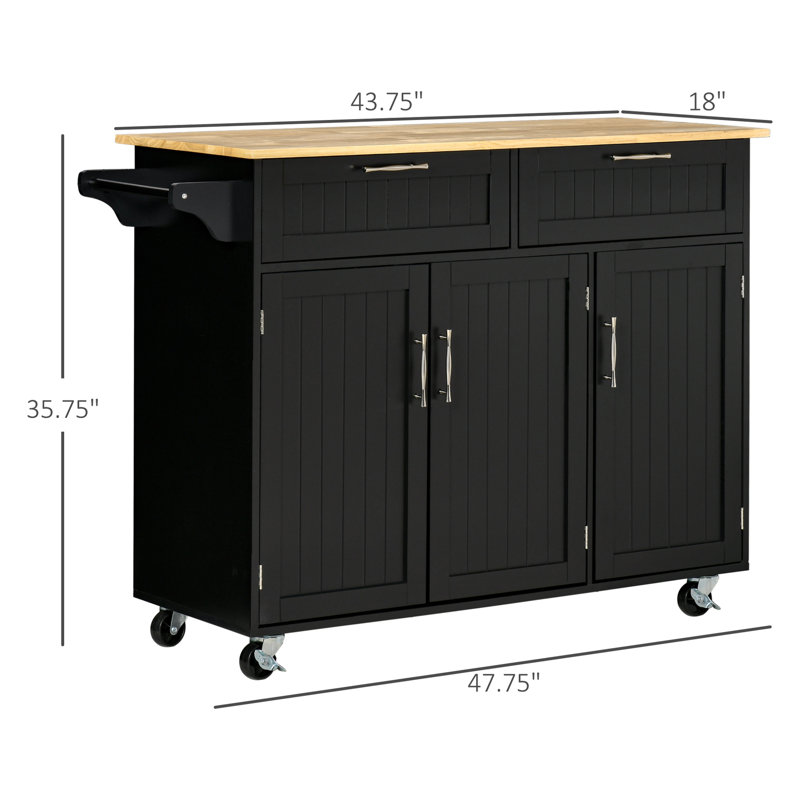 Îlot de cuisine avec rangement - noir. Plateau en bois, tiroirs, armoires et tablettes réglables. Ajouter un espace de travail. Économisez de l'espace. Facile à déplacer. Design contemporain. L 43,7 po x l 18,1 po Capacité de 110 lb. Assemblage requis
