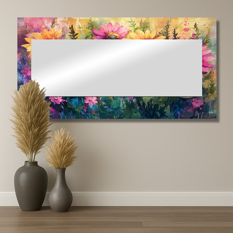 Printemps symphonie de tournesols roses I - art mural miroir floral - imprimé sur métal, 28 po x 55 po