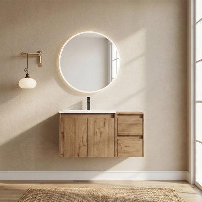36" Floating Single Bathroom Vanity with Ceramic Sink and Handle-Free Design