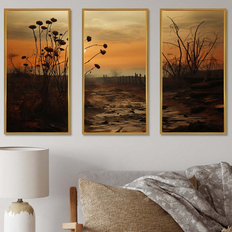 Mums Field With Sunset - Mums Wall Decor Set, Gold Floater Framed, 32" H x 48" W x 1" D