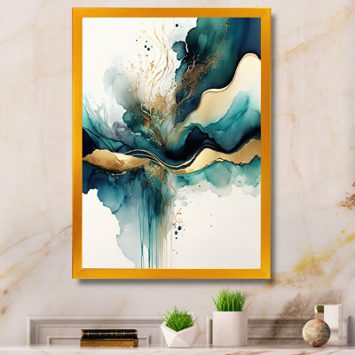 Teal And Gold Abstract Expression III - Abstract Liquid Ink Wall Art