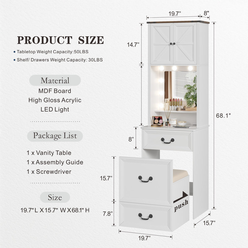Small Makeup Vanity Set with LED Lights, White;Brown