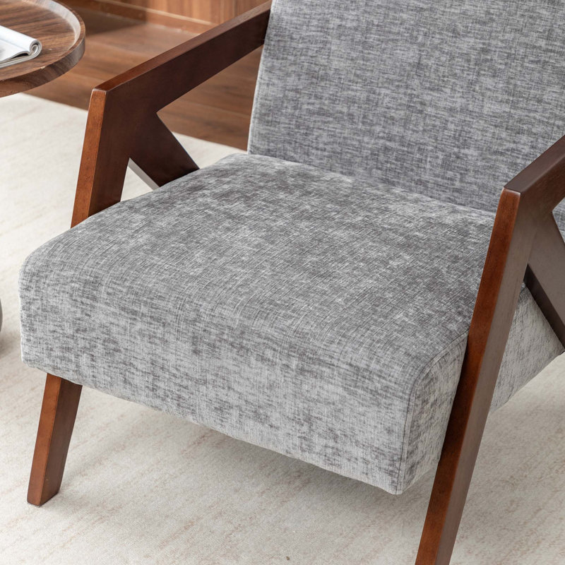 Chaise d'appoint Mid-Century moderne avec structure en bois massif et revêtement en lin doux, Lin gris pâle