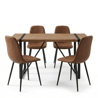 Modern Industrial 71" Rectangular Wood Dining Set with Upholstered Chairs