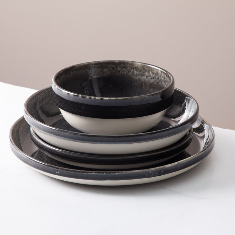 SKE Banquette Glossy Black Ceramic 16-Piece Dinnerware Set