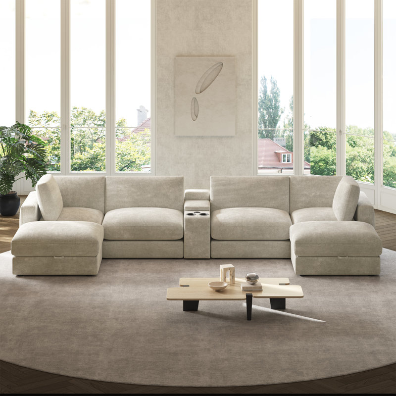 163'' Large Modular Sectional Sofa Couch With Storage Ottoman And Console, 4, Beige