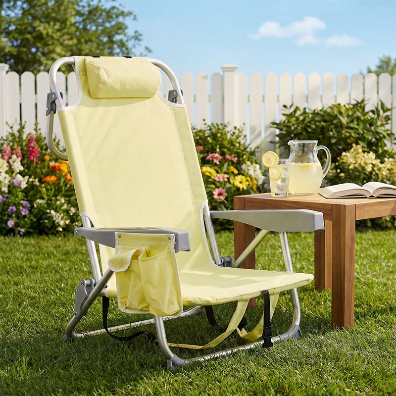 Chaise de plage jaune avec cadre en aluminium, chaise de camping pliante portative avec dossier inclinable réglable