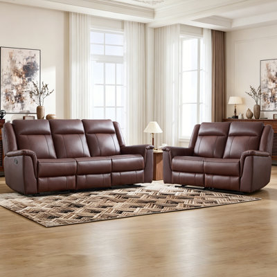 2-Piece Genuine Leather Manual Reclining Matching Living Room Sofa Set