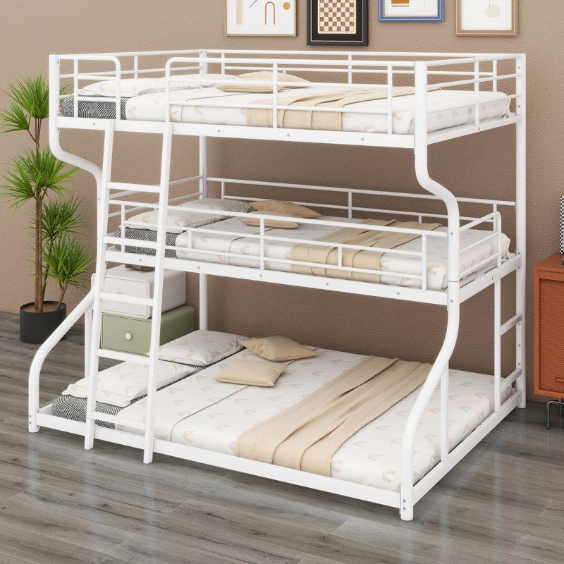 Triple Bunk Bed With Long And Short Ladder, White