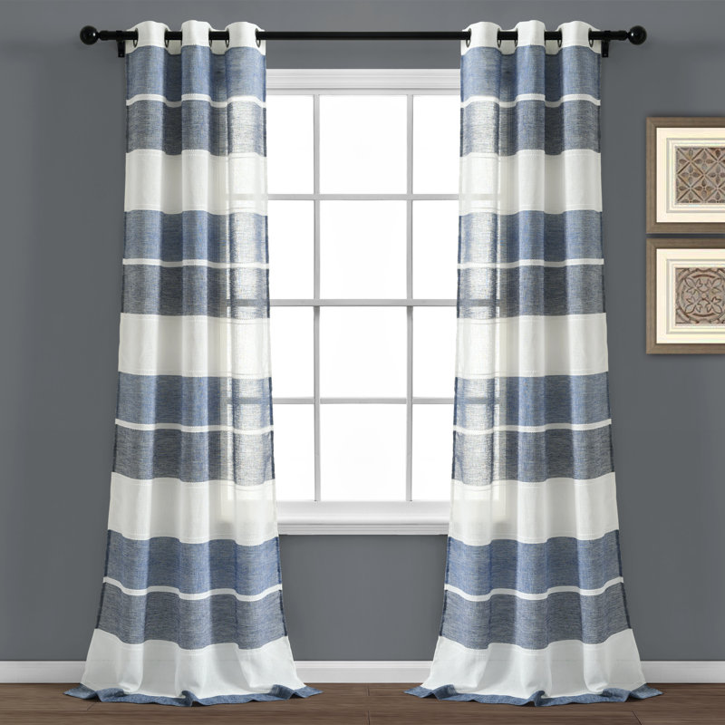 Textured Stripe Sheer Sheer Curtain Pair, Navy