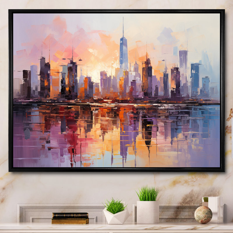 «Skyscrapers Giants Plastel II», reproduction sur toile, H 34 po x l 44 po x P 1,5 po, Cadre flottant noir