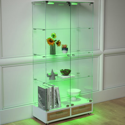Modern Antique - Style 2 Door Tempered Glass Bookshelf With 13 Colour Led Lights, Large Drawers And 4 Shelves For Bedroom, Kitchen White Natural Small Space Shelf Display Cabinet Lighting, Locking