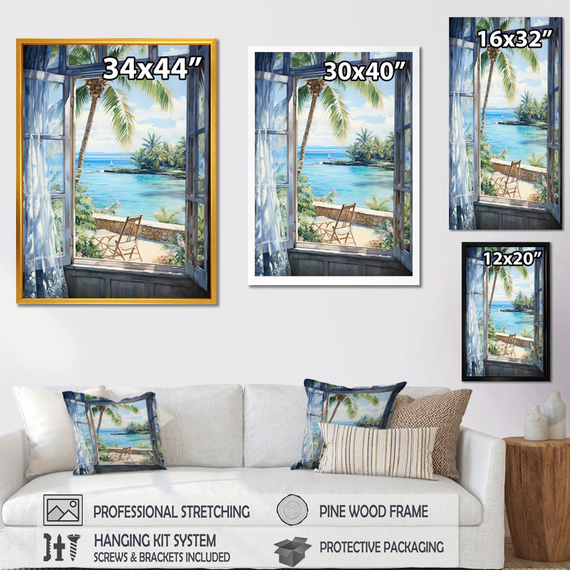 «Tranquility Beachside Windows Horizon I - Coastal Windows», art mural, Cadre flottant blanc, H 32 po x l 16 po x P 1 po