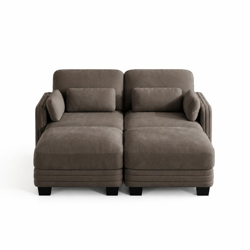 Canapé d'angle modulaire 2 places au design moderne et minimaliste capitonné, avec 2 poufs amovibles. Coussins d'assise épais et résistants. Dossier ergonomique réglable multi-positions. Revêtement en chenille respirante. Parfait pour un salon, un appartement ou un petit espace.