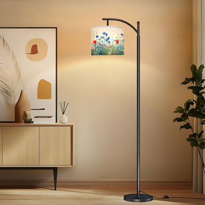 Arc Floor Lamp with Adjustable Lampshade Vintage Wildflower Bouquet Antique Botanical Illustrations Modern Art Standing Lamp 3 Color Temperatures Dimmable Tall Pole Lamp with Foot Switch for Bedroom