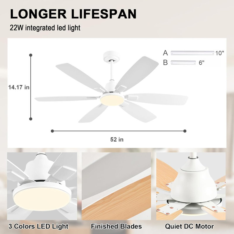Ceiling Fans with Lights, 52 Inch Ceiling Fan with Light and Remote, 3CCT Dimmable, 6 Speed Reversible DC Motor,6 Blades Modern White Ceiling Fan for Bedroom, Indoor/Outdoor Use
