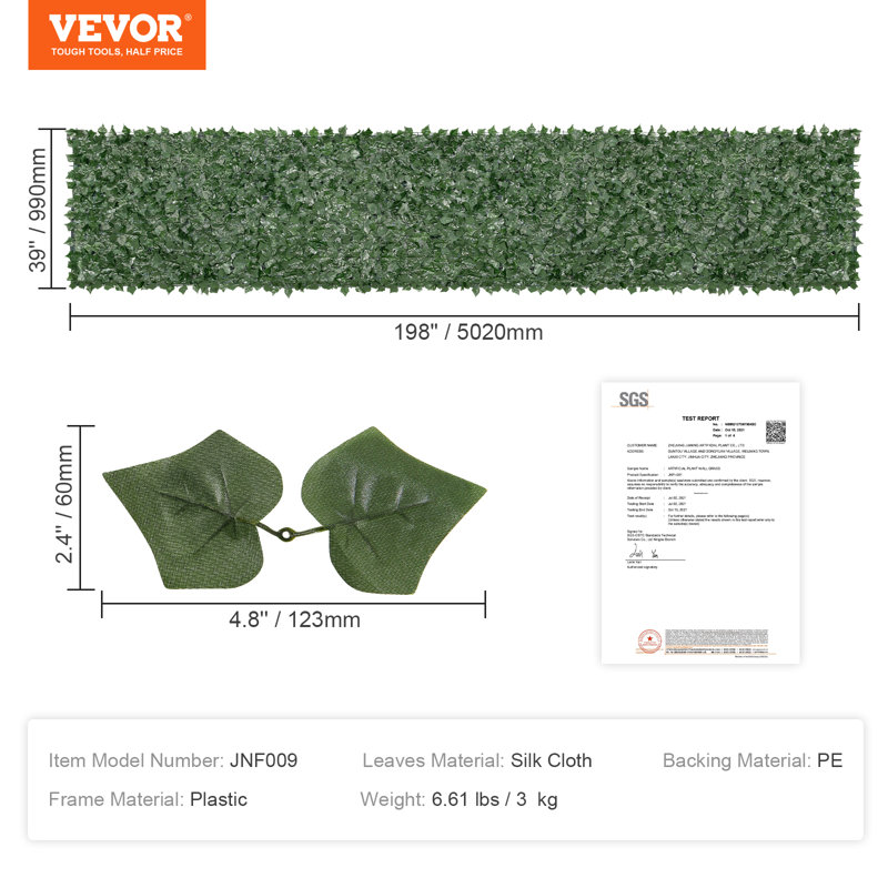 Pare-étincelles muraux vert 59 x 98 po VEVOR Ivy, H 3,3 pi x l 16,5 pi