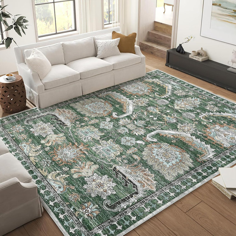 Washable Area Rug Thin Soft Vintage Indoor Rug or Dining Non-Slip Throw Rug Foldable Carpet Entry Playroom Green