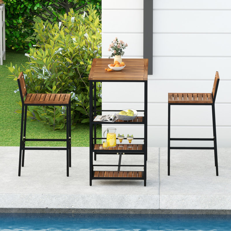3 Pieces Outdoor Wood Bar Set w/ 3-Tier Storage Shelf & Metal Frame for Backyard