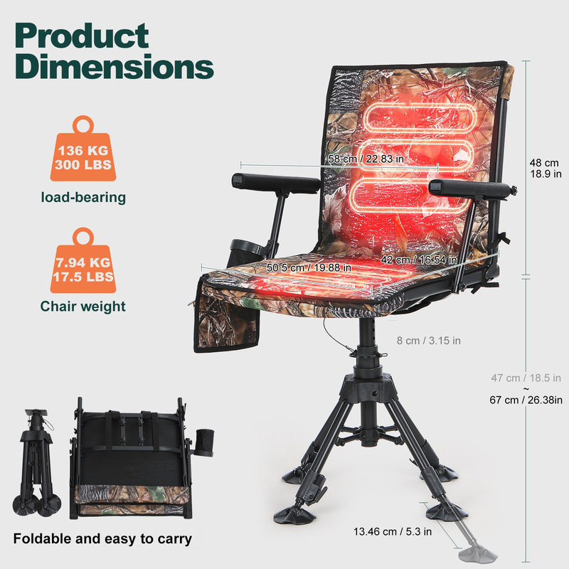 Heated 360 Degree Swivel Hunting Chair with Adjustable Legs, Silent Rotation, Built-In Battery, Portable & Foldable