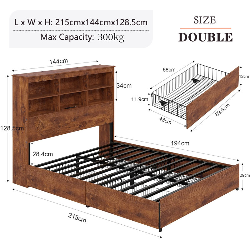 Double Bed Frame With Tall Storage Bookcase Headboard, 4 Large Storage Drawers And Charging Station, Metal Slats Support, Wood Platform Beds with Power Outlets and USB Ports