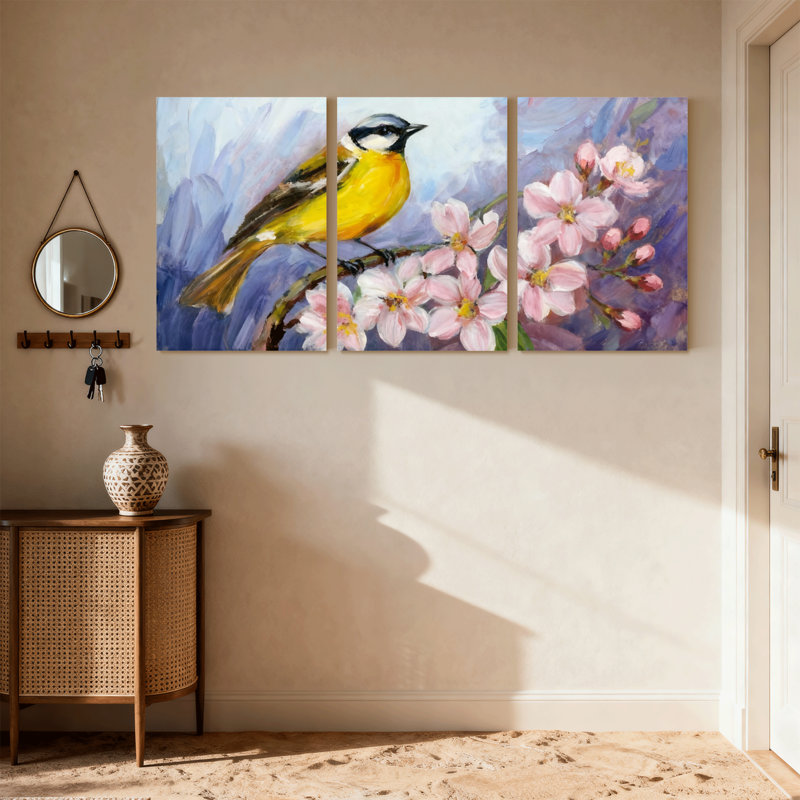 Oiseaux perchés sur une branche de fleur, ensemble de 3 impressions sur toile, H 24 po x l 48 po