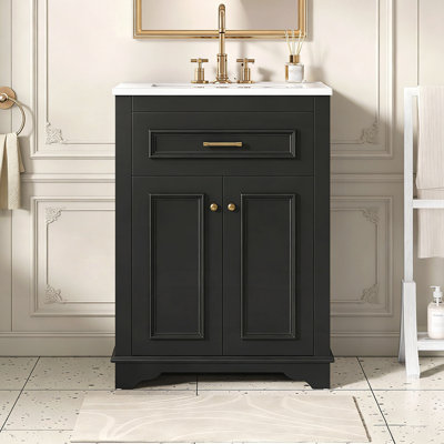 Meuble-lavabo compact avec lavabo en céramique et rangement spacieux, pour les petites salles de bain et les décors modernes.