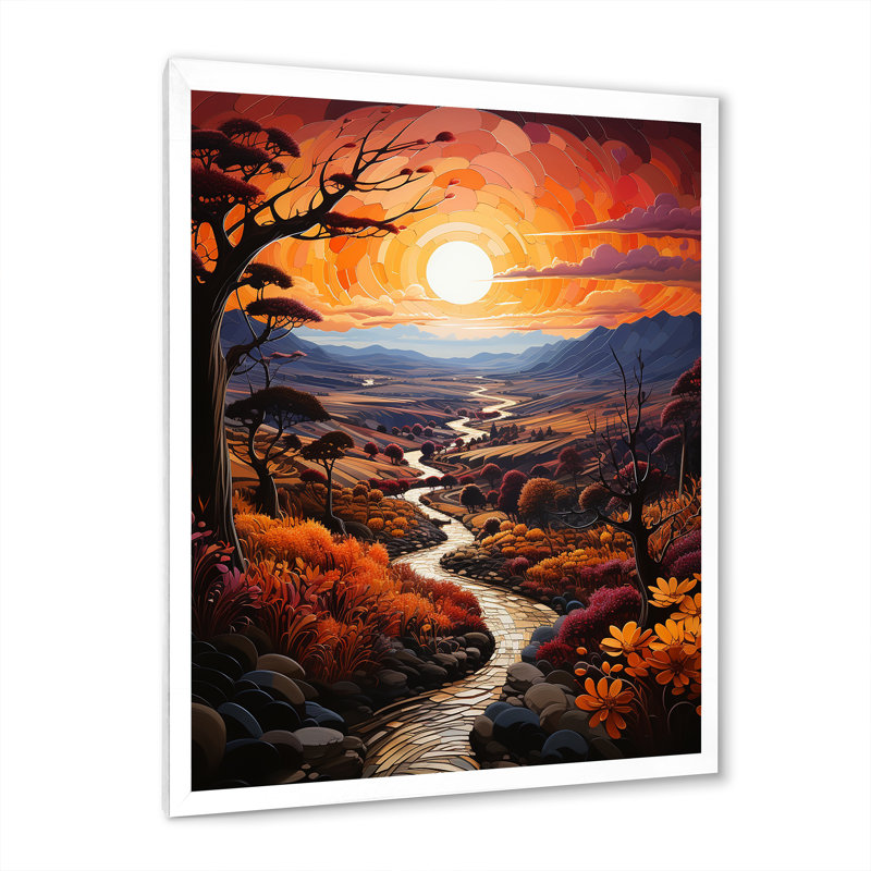 «Countryside Crimson Sunset Landscape I», reproduction sur toile, H 40 po x l 30 po x P 1,5 po, Cadre photo blanc