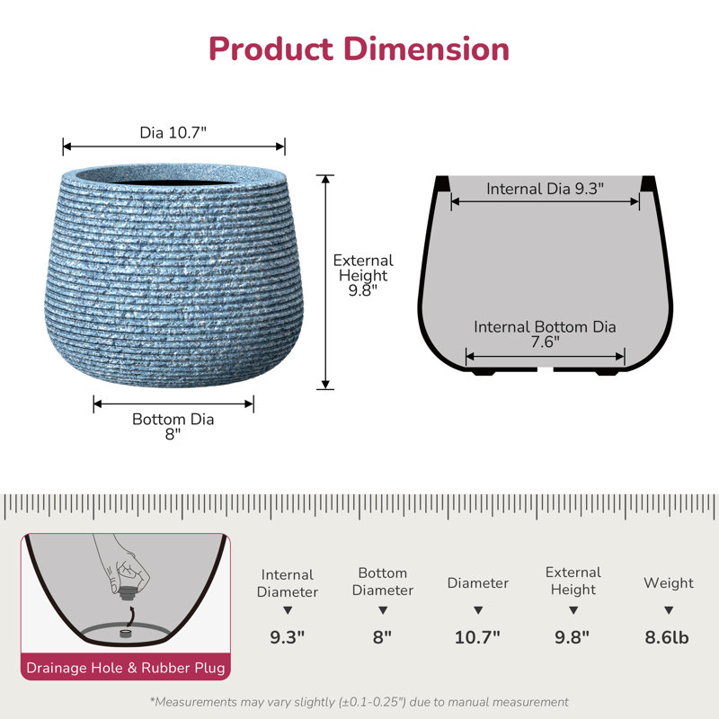 Durx-Litecrete Concrete Planter Round Flower Plant Pot with Draiange Hole for Outdoor & Indoor with Upgraded Interior
