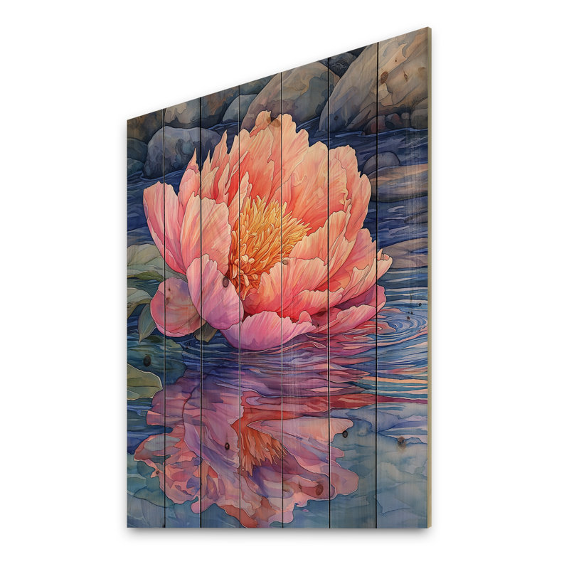 Pivoines et la rivière de montagne IV - Décoration murale en bois de pivoines - sur bois de pin naturel