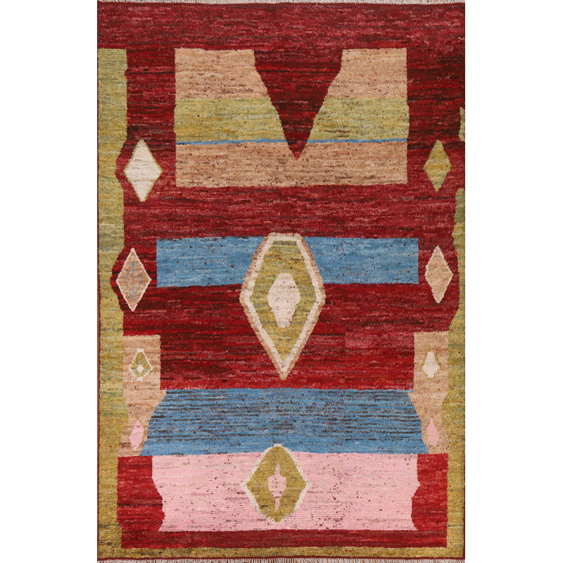 Tapis rouge en laine noué à la main de conception unique 6 pi 6 po x 9 pi 2 po New Age