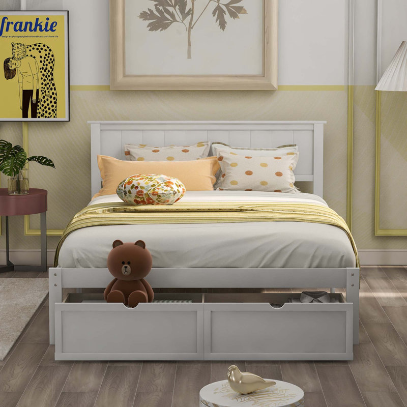 Structure de lit plateforme double avec tiroirs de rangement sous le lit, support à lattes de bois, aucun sommier tapissier requis, blanc