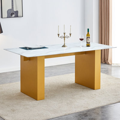  Table de salle à manger rectangulaire avec plateau en panneau de fibres à densité moyenne à motif 0,4 po et grande base pour la cuisine ou la maison, or