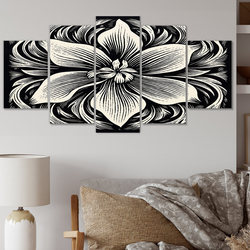 Iris monochrome en noir et blanc - reproduction d'art mural Iris - 5 panneaux