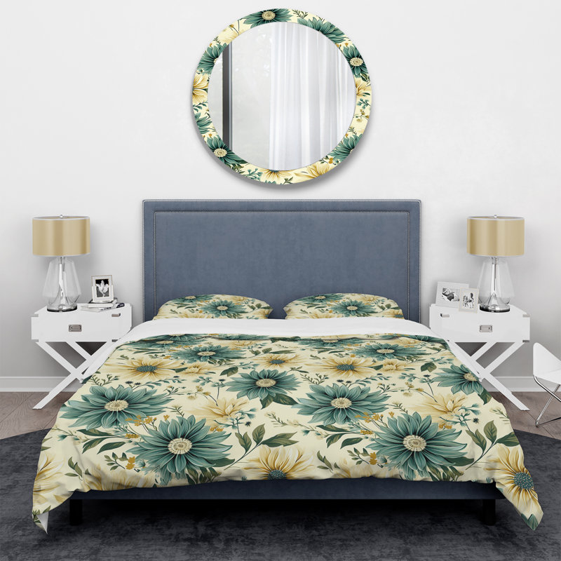 Literie rétro vert et beige Dahlia I, Housse de couette pour très grand lit et 2 très