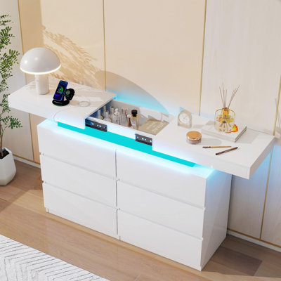 Commode moderne à 6 tiroirs avec plateau coulissant, lumières DEL et prise de courant, meuble télé multifonctionnel pour chambre à coucher, salon et vestiaire