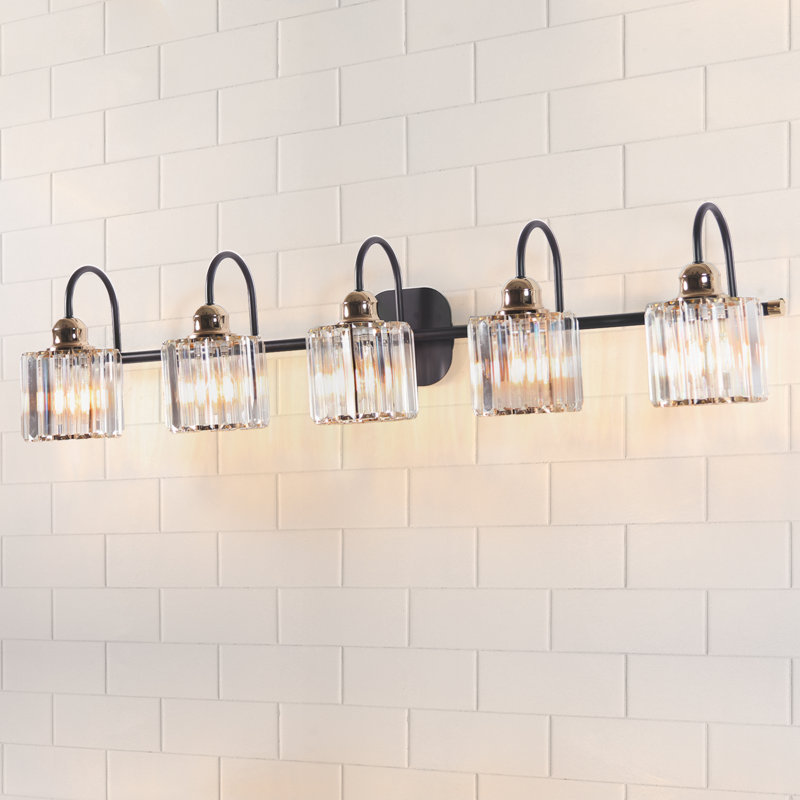 5-Light Bathroom Vanity Light with Fluted Crystal Glass Shades, Matte Black Bathroom Wall Light Fixture, 5