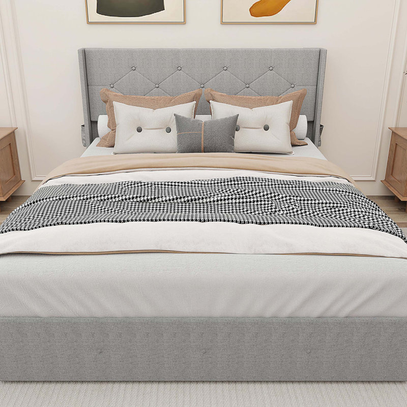 Structure de lit double avec lit de rangement à vérin à gaz avec tête de lit moderne à oreilles, ports USB, Gris clair