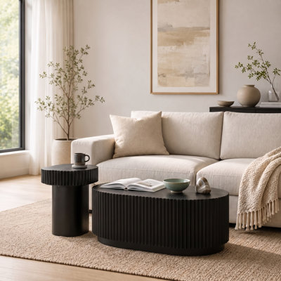 2-Piece Mid-Century Modern 35.43"x23.62" Oval Drum Coffee Table & 23.62"x15.75" Round Pedestal End Side Table,Black Finish,Fluted Ribbed Panels, Freestanding, No Assembly Required for Living Room