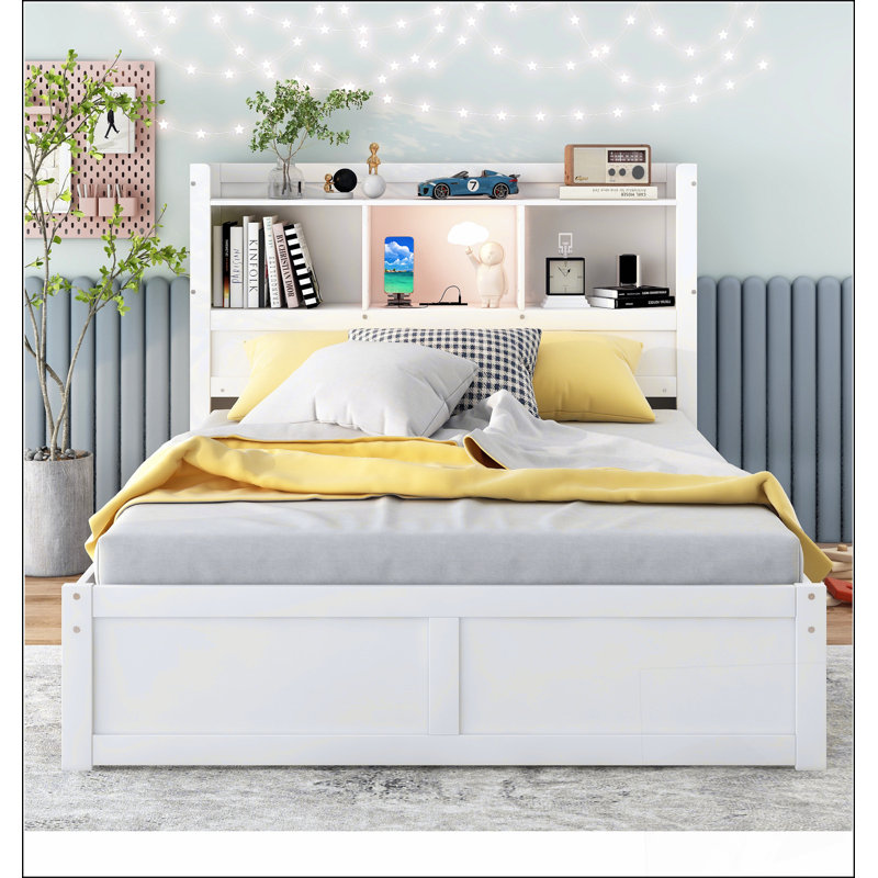 Lit plateforme avec rangement et tablettes coulissantes, lit gigogne simple et 2 tiroirs, Blanc